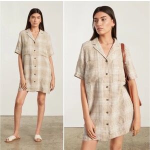 Everlane Linen Workwear Dress M Beige Plaid Gingham Oversized Boxy Shirt Dress